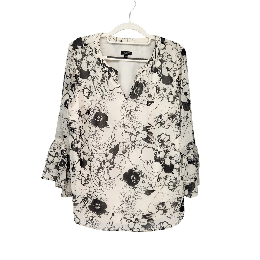 Talbots Woman Petites Cream Black Floral Tunic Flutter Tiered 3/4 Sleeve Top XP